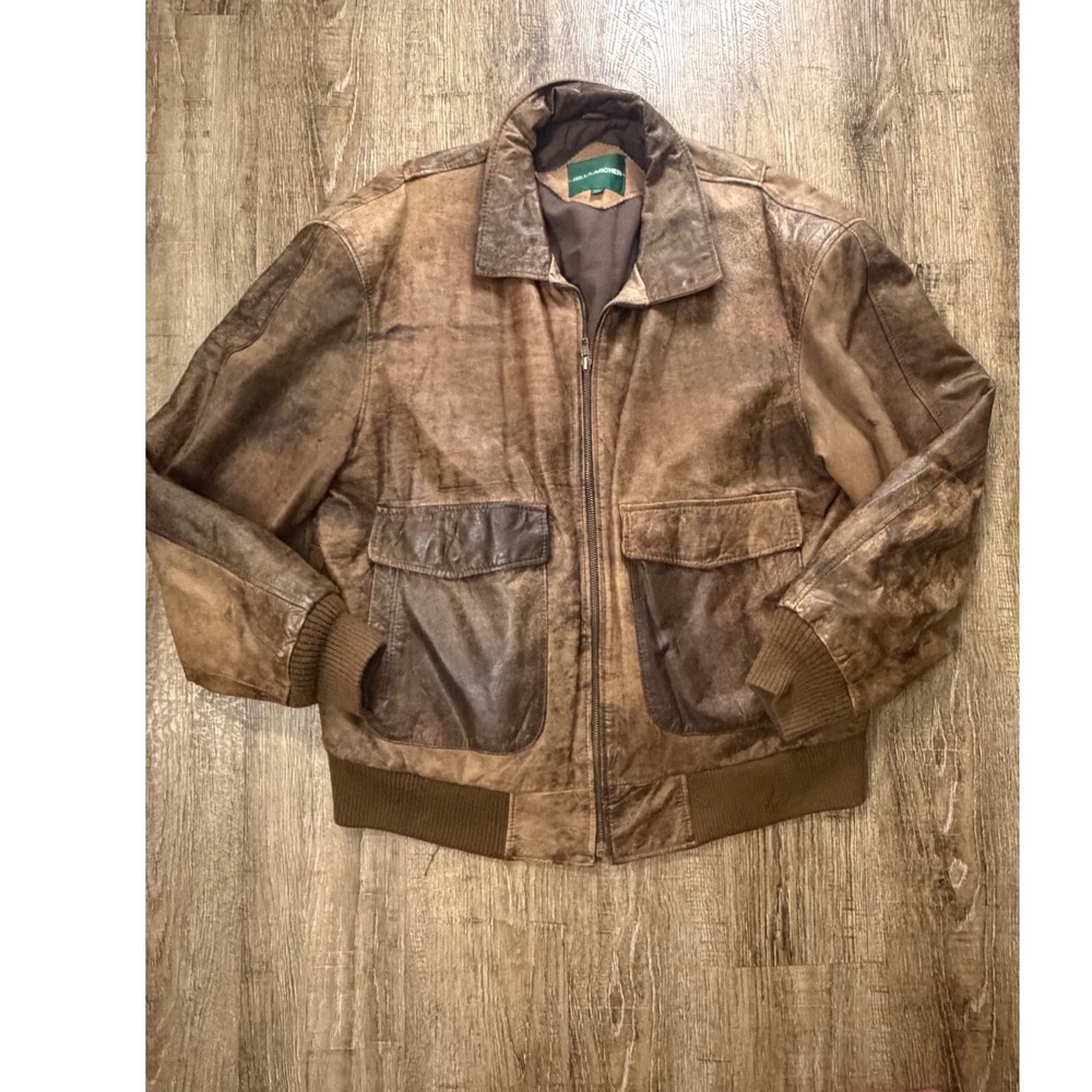 Hill & Archer Mens Brown Leather Bomber Jacket Size 46 Distressed Vintage Style